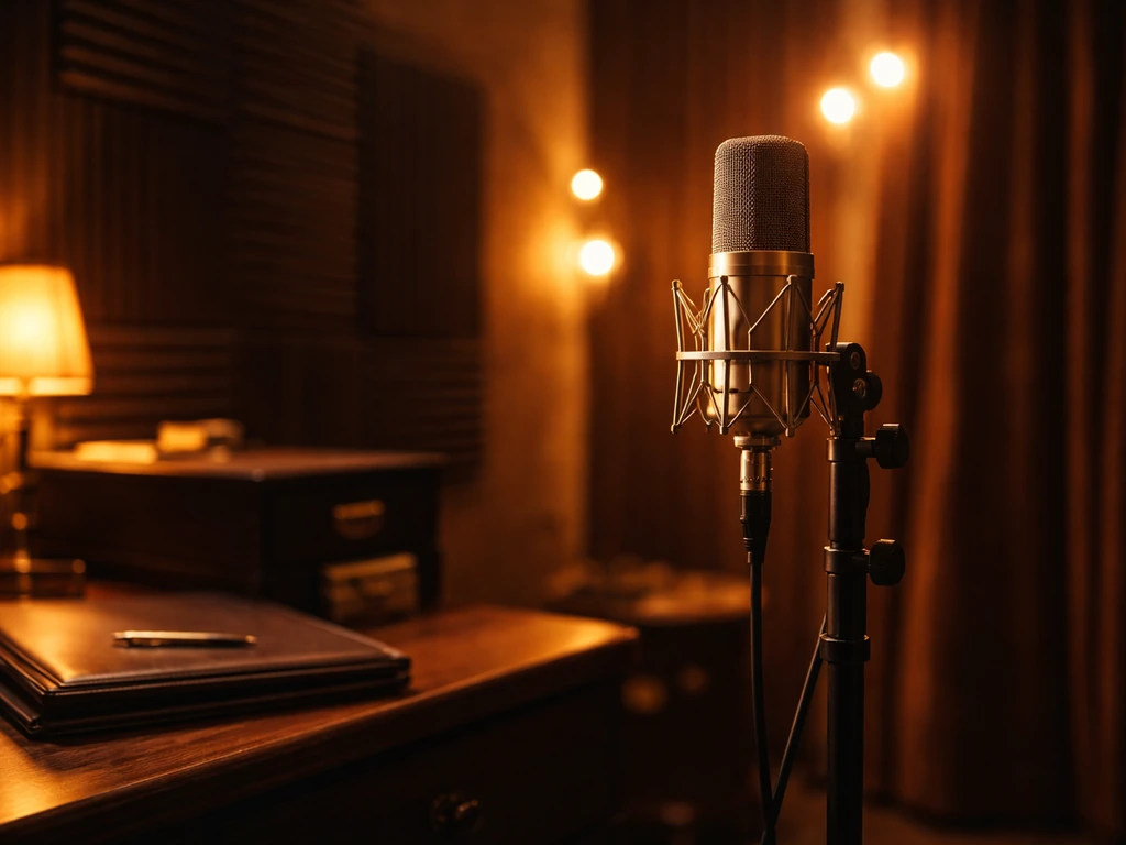 Moody music studio scene with a microphone and warm lights, symbolizing a performer’s wealth analysis topic