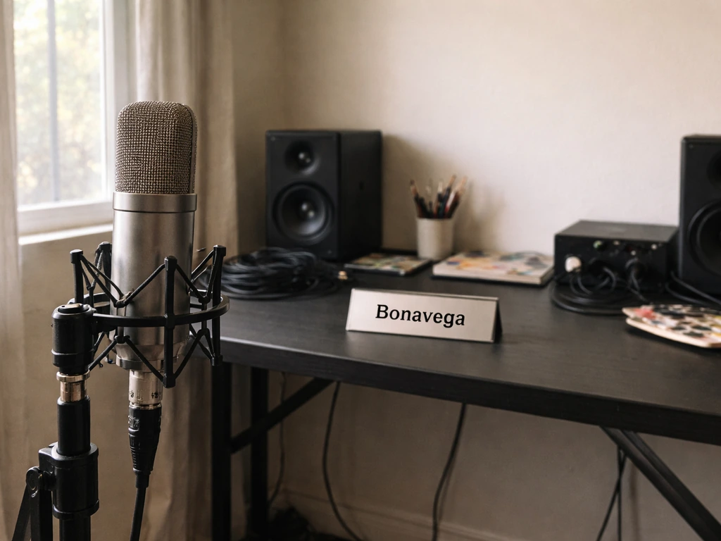 An anonymous studio scene with a microphone and a nameplate reading Bonavega, suggesting the intended stage identity.