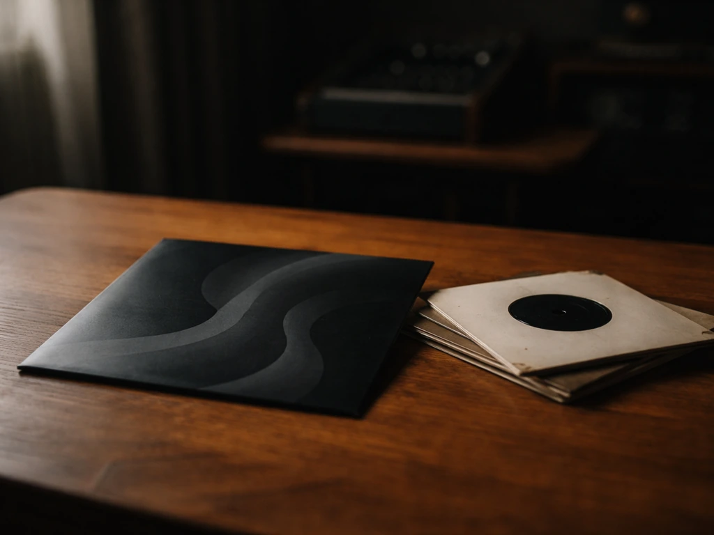 Vinyl record sleeve and small stack of 7-inch singles on a wooden studio table, moody music vibe.