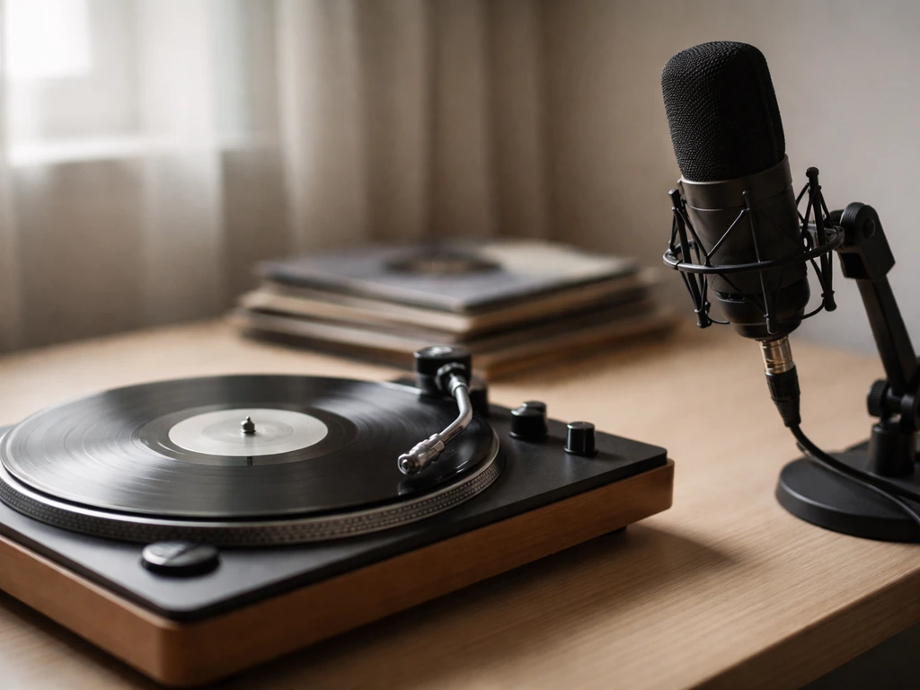 Minimal photo of a vinyl record and a streaming-style microphone in soft light, symbolizing music catalog royalties