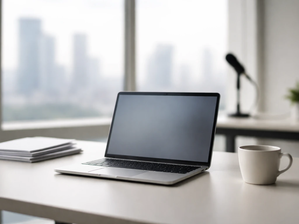 Minimal photo of a modern tech executive office desk with a laptop, coffee, and a blurred city view
