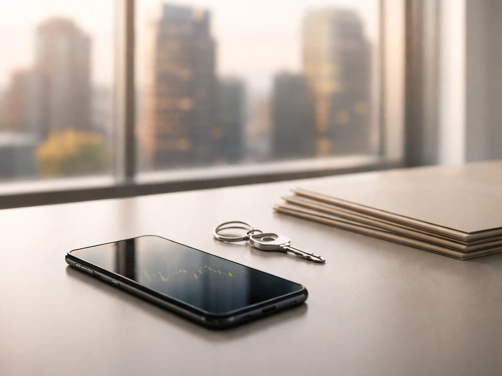 Minimal desk scene with smartphone and soft city-office background symbolizing public equities and stock value.