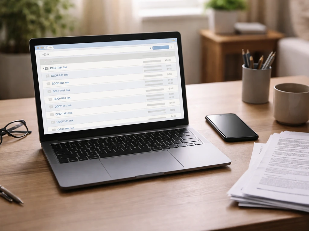 Minimal desk scene with laptop search interface suggesting EDGAR filing lookup and document rows.