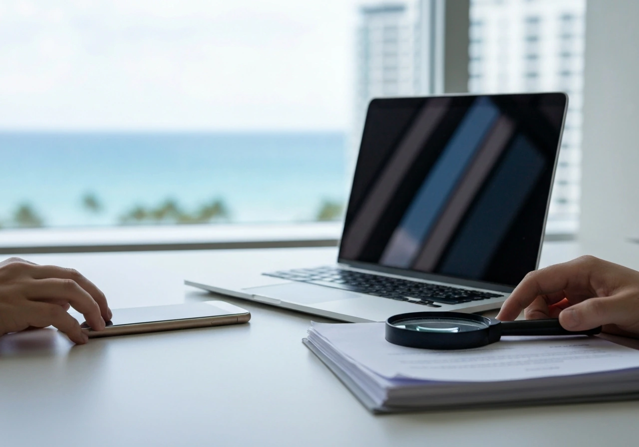 Minimal desk with documents and a magnifying glass, suggesting public-record wealth verification.