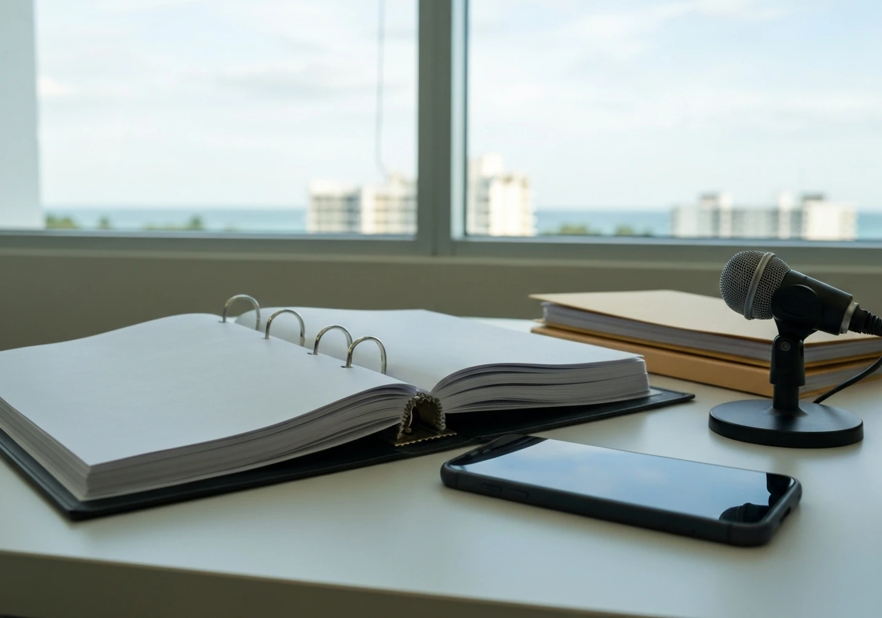 Minimal desk scene with finance documents and a phone showing a neutral “record search” vibe, no text