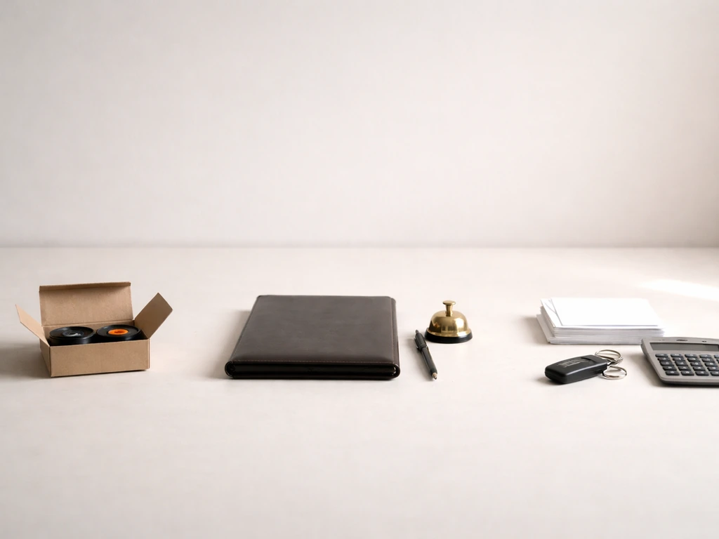 Three-part tabletop scene suggesting evolving income sources: printer ribbon, portfolio, and envelopes/calculator.