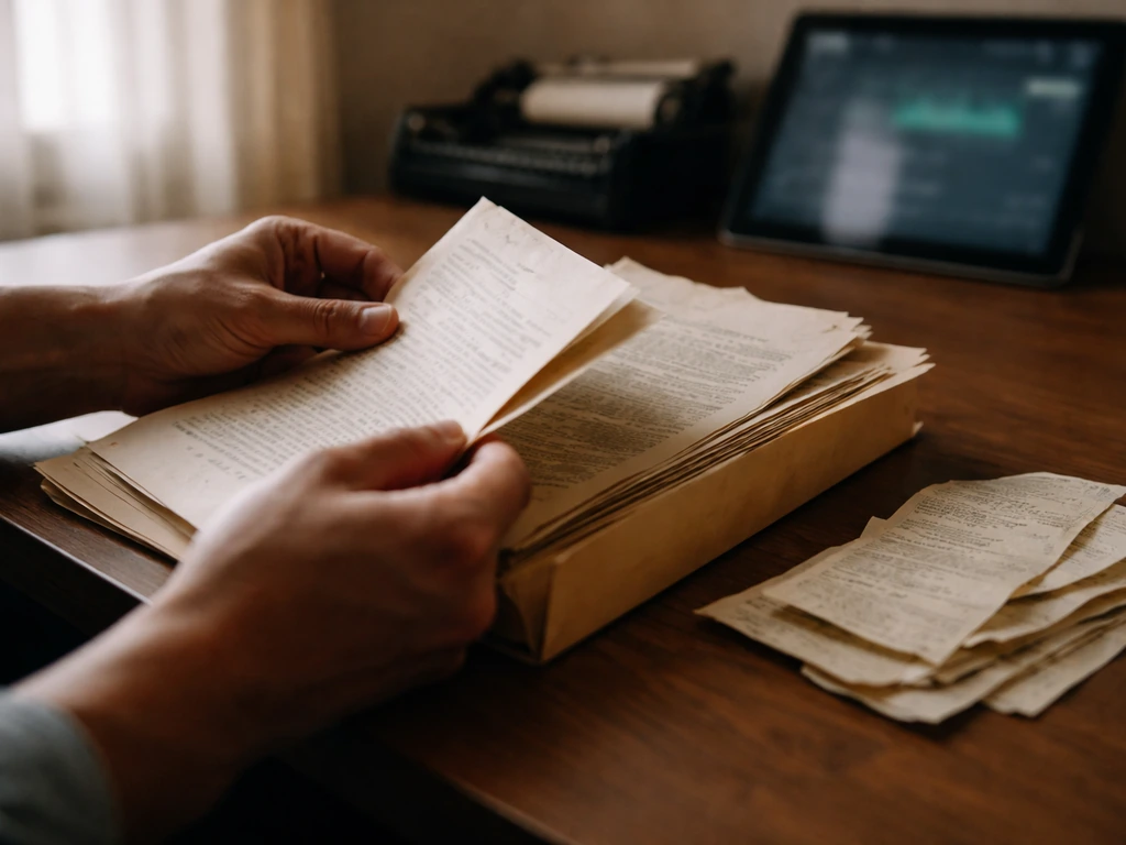 Anonymous hands on a desk with old documents and a printer ribbon, suggesting a reconstructed wealth timeline.