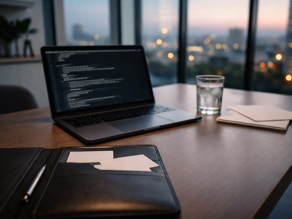 Minimal VC-office desk scene with laptop and blank papers, city lights outside, no identifiable person.