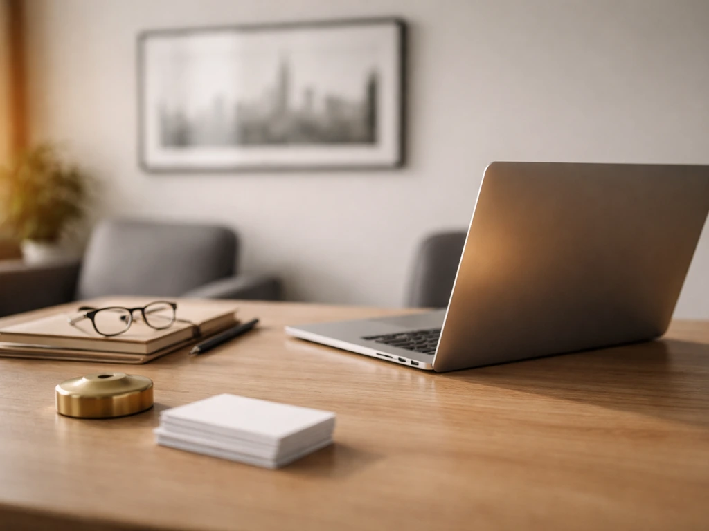 Minimal venture office desk with open laptop, glasses, and golden window light symbolizing early tech wealth.
