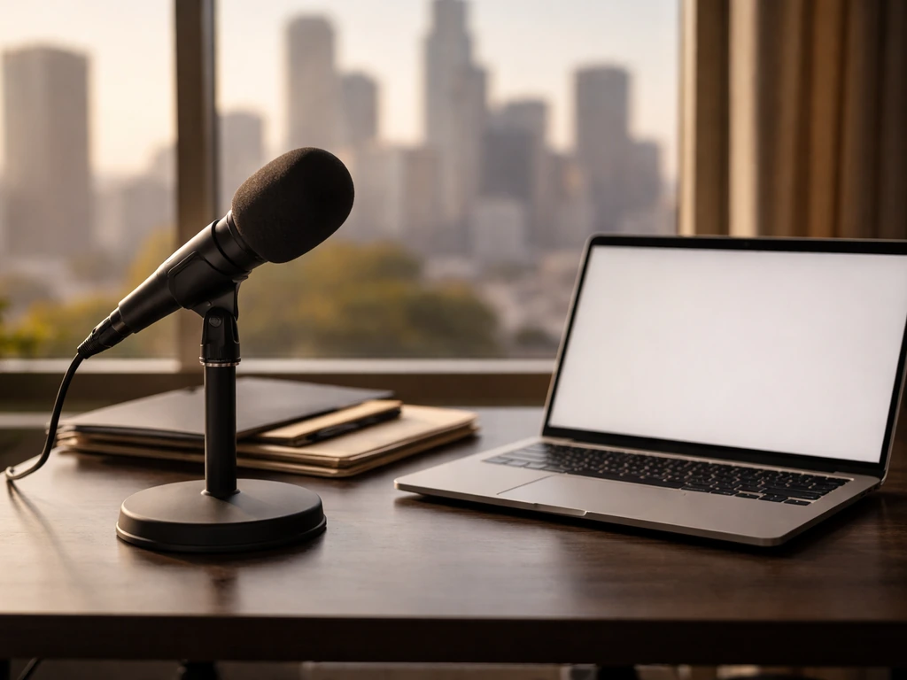 Minimal venture-capital office scene with a microphone, desk items, and a blurred city skyline through a window.