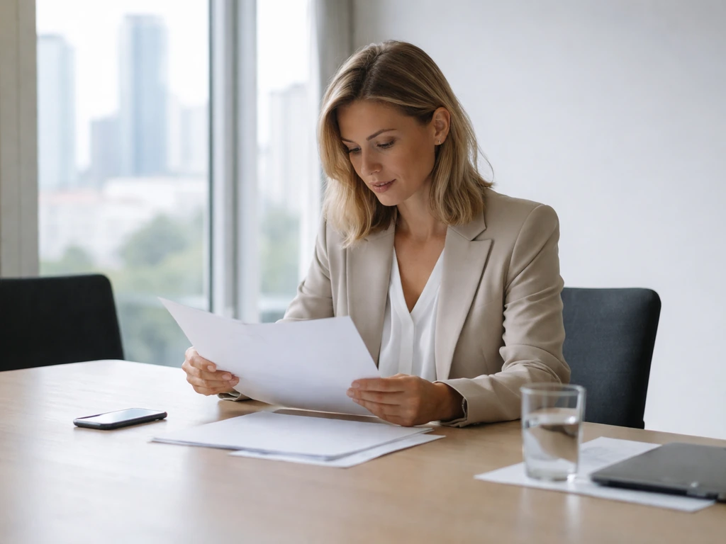 Minimal boardroom scene with a business person reviewing blank papers and a blurred city view outside.