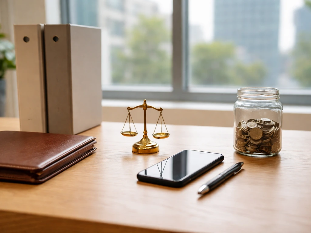 Minimal desk scene with coins and a small brass balance scale symbolizing net worth range uncertainty.