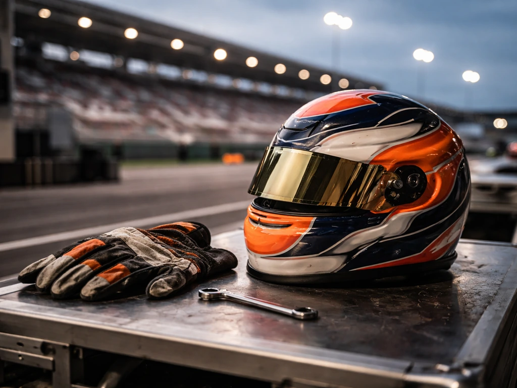 Racing helmet and gear on a paddock workbench with a blurred track and lights in the background.