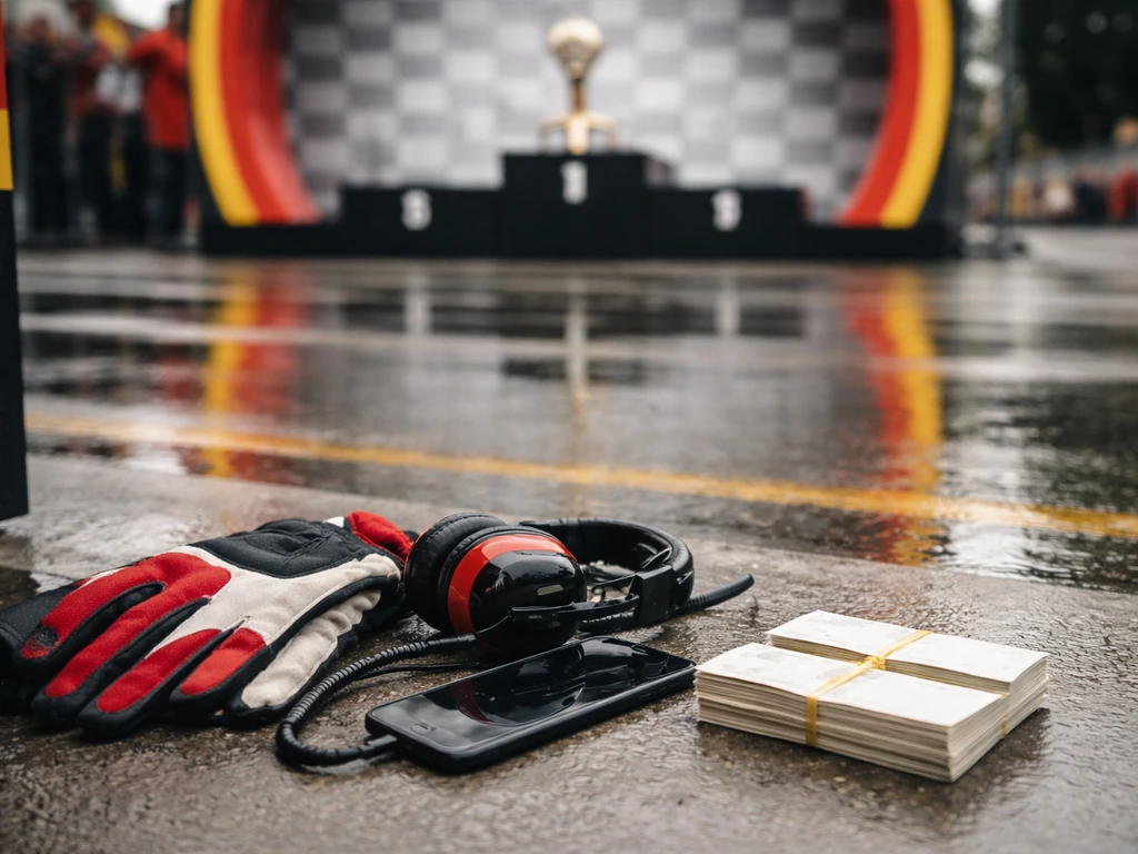 Symbolic F1 wealth scene: empty podium with racing gear and money-like reflections under natural light