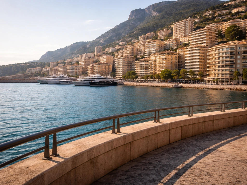 Monaco waterfront with calm harbor water, luxury yachts, and elegant hillside buildings.