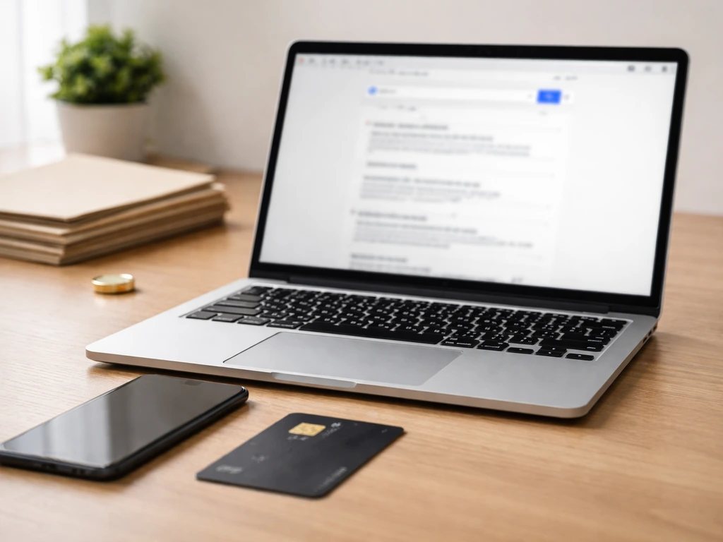 Minimal desk with laptop showing blurred search results, phone, and a credit card—money research theme.