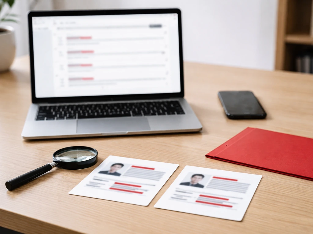 Minimal desk scene with laptop and blurred search results, magnifying glass, and a red privacy folder.