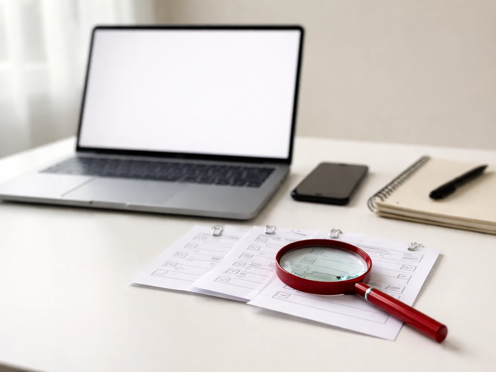 Desk setup with a magnifying glass over checklist papers, phone, and laptop for self-verification steps.