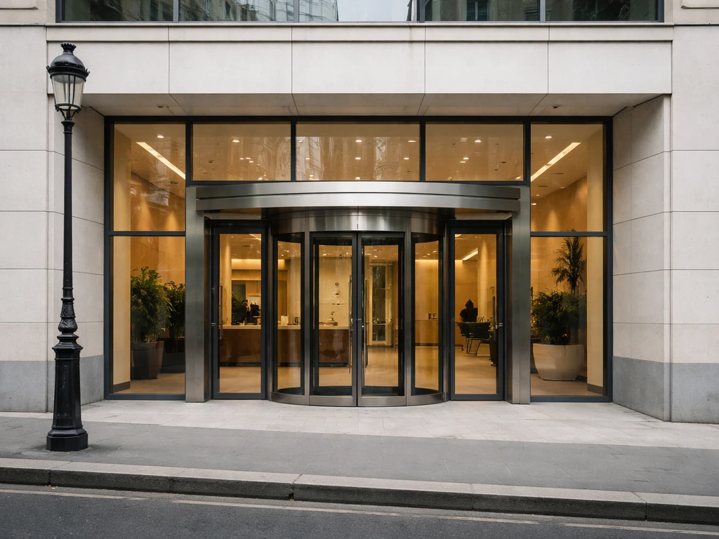 Paris office facade with modern glass entrance, hinting at corporate assets and lifestyle indicators