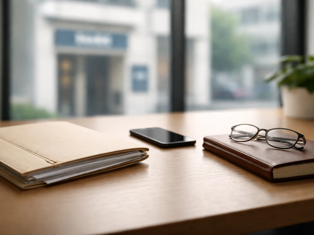 Bank paperwork on a desk with a blurred city skyline, symbolizing estimating a bank’s net worth from filings.