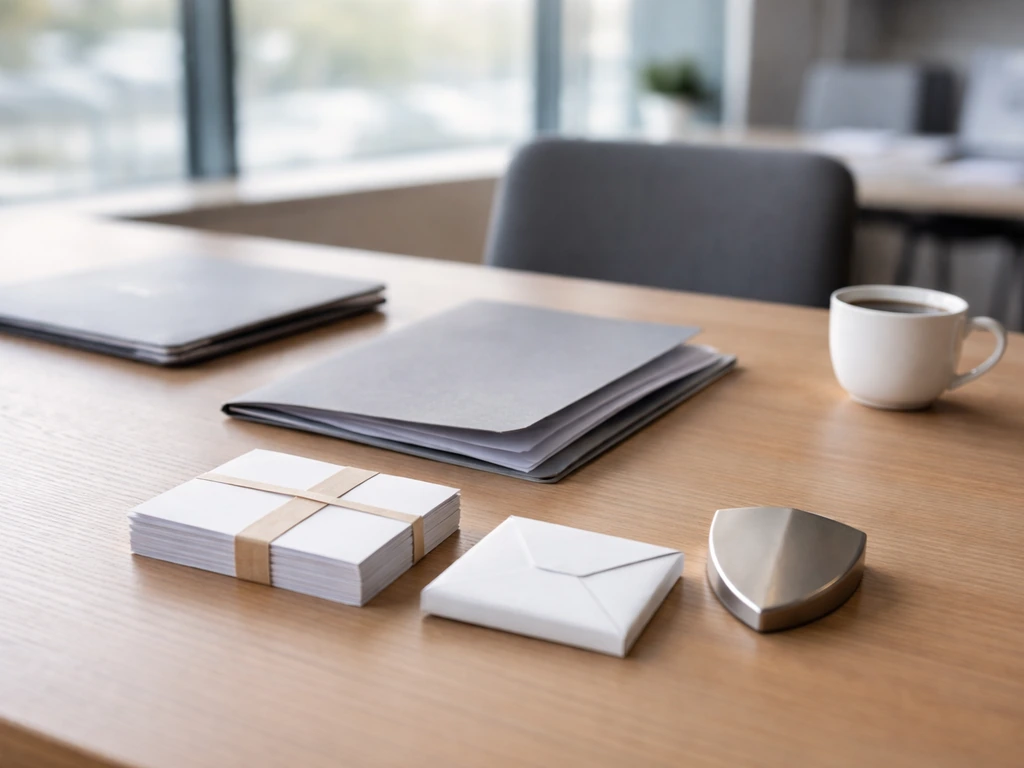 Minimal bank office desk with unlabeled papers and objects symbolizing assets, liabilities, and equity.