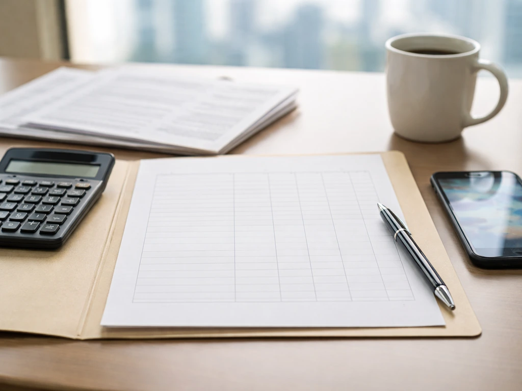 Open balance-sheet-style paper, calculator and pen on a desk, suggesting equity calculation from financial filings.