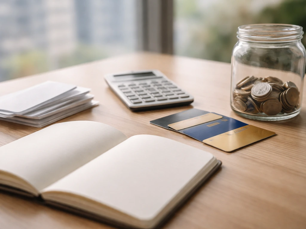 Minimal finance desk scene with blank cards, calculator, receipts, and a coin jar suggesting revenue building equity.