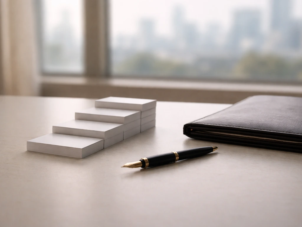 Minimal desk scene with blank timeline cards and pen, symbolizing financial events over time.