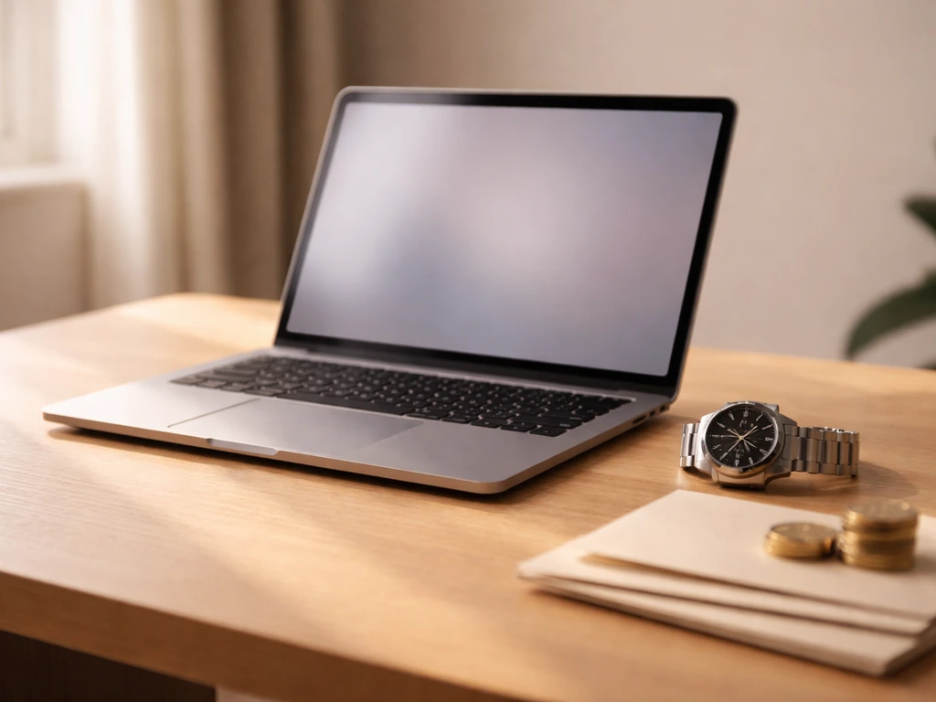 Minimal studio desk scene with a laptop, premium watch, and cash-like envelopes symbolizing estimated creator income.