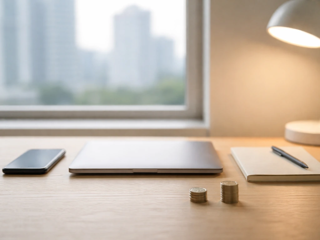 Minimal desk scene with coins and devices, suggesting finance planning and an estimate range.