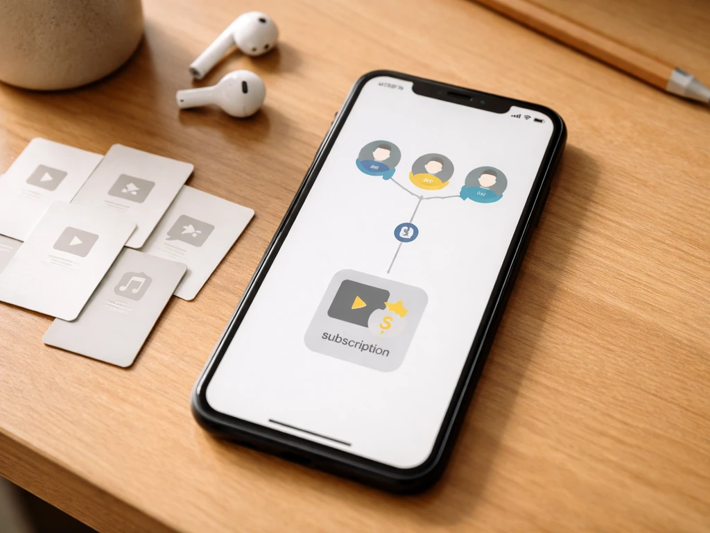 Minimal desk setup with a smartphone showing a generic link-to-subscription flow concept, privacy-safe style.