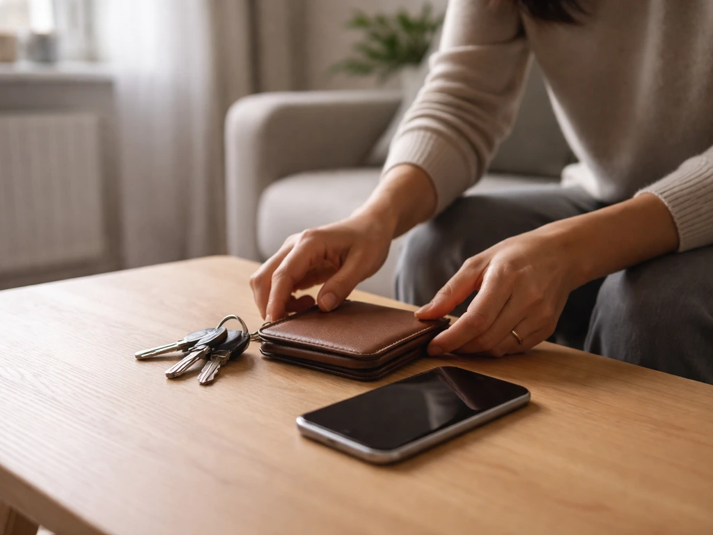 Hands sorting keys, wallet, and a smartphone on a wooden table in a minimal Moscow apartment.
