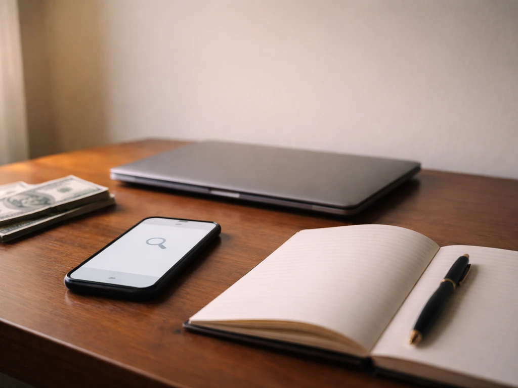 Minimal home office desk with phone search icon and money props, suggesting verifying net worth without a person.