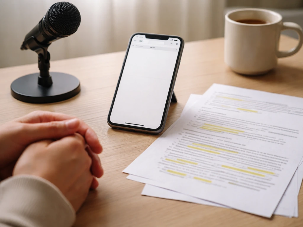 Minimal desk scene with scattered search-result style papers and a smartphone showing a blank web page