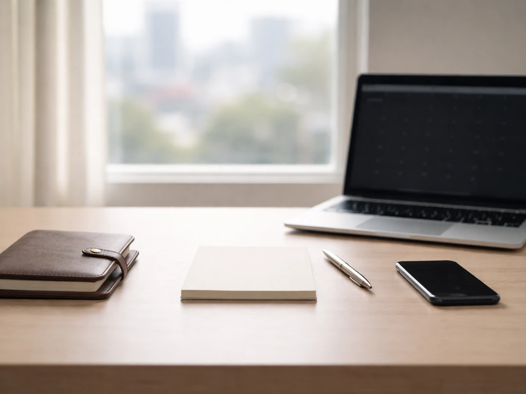 Minimal desk scene with planner, blank papers, pen, and an out-of-focus calendar on a laptop suggesting milestones.