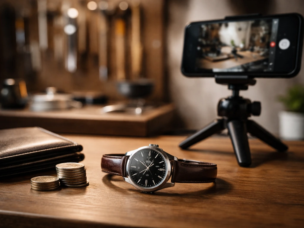 Close-up of a watch on a desk with coins and a creator setup (phone tripod), no person shown.