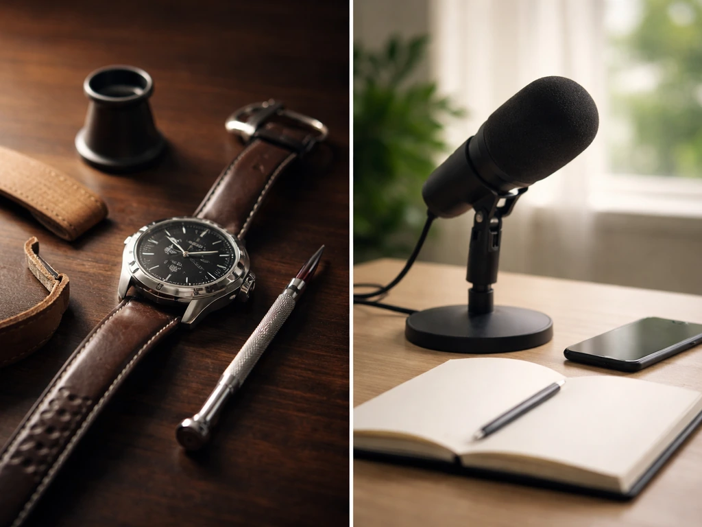 Side-by-side photo: luxury watch and tools on one side, anonymous desk with microphone on the other.