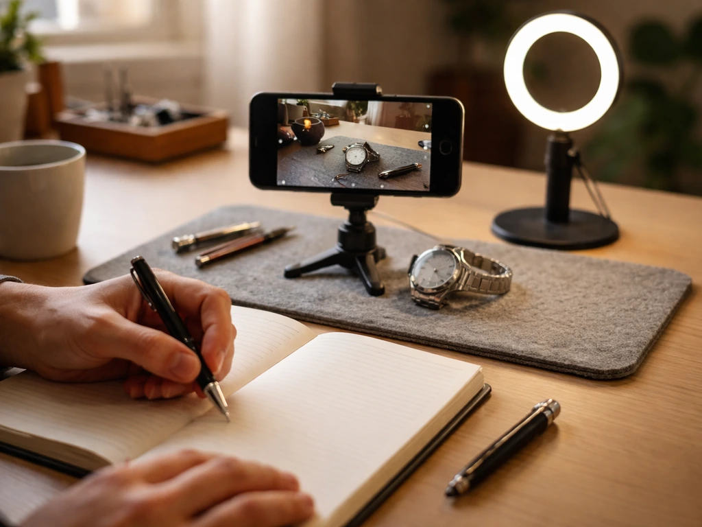 Anonymous hands preparing a first watch video: notes, fountain pen, smartphone, and wristwatch on a desk.