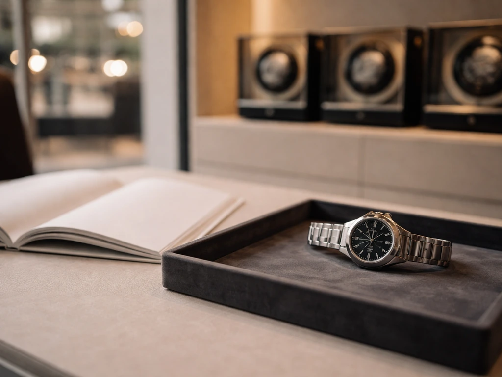 A luxury wristwatch on a velvet tray beside an open magazine, showing an editorial showroom mood.