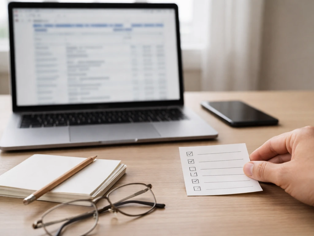 Anonymous hands at a desk validating trademark signals with a laptop, phone, and blank notes