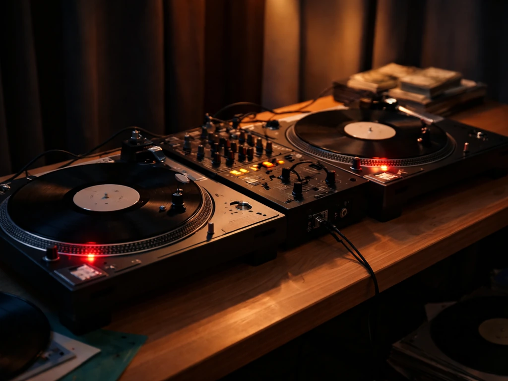 Anonymous DJ setup with a turntable and cash-toned lighting, symbolizing estimated net worth and music career value.