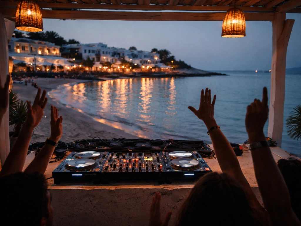 DJ booth on a Mykonos beach at dusk with raised hands and sea lights in the background.