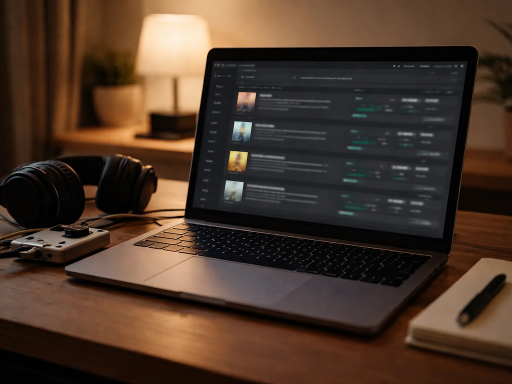 Close-up of a laptop on a desk showing music streaming-style screens and audio files, minimal and realistic.
