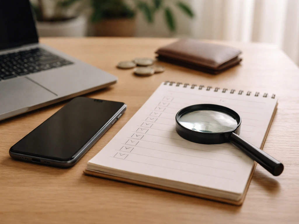 Desk with smartphone, laptop keyboard, magnifying glass, and blank checklist for verifying online claims.