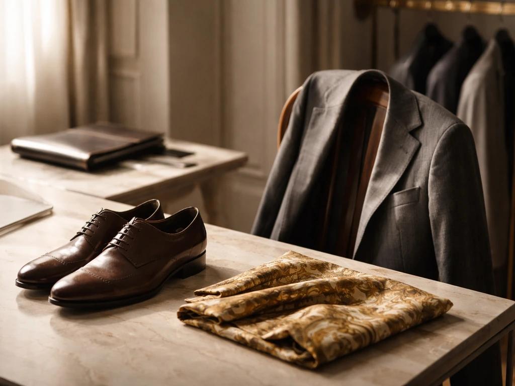 Minimal luxury atelier scene with tailored blazer and dress shoes, symbolizing legacy and wealth disambiguation