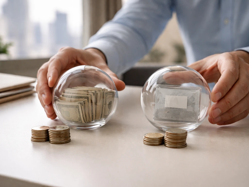 Anonymous hands on a desk with coins and glass containers symbolizing breaking a large sum into parts.