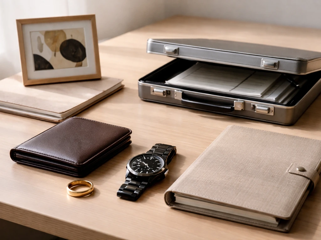 Minimal tabletop scene with blurred documents and a few luxury items symbolizing different wealth categories
