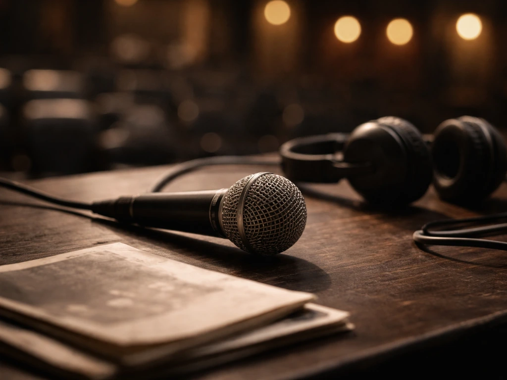 Unbranded studio microphone and headset on a desk with subtle theater-like lighting in the background