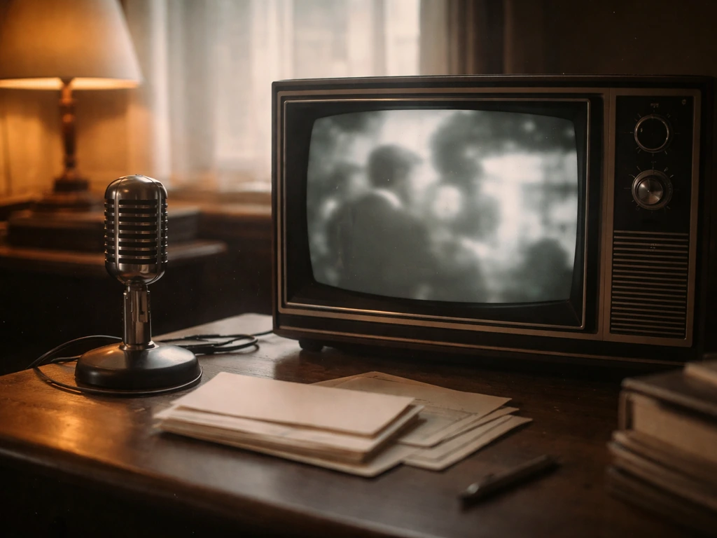 Old TV on a desk beside audio gear and blank paperwork, evoking advertising income.