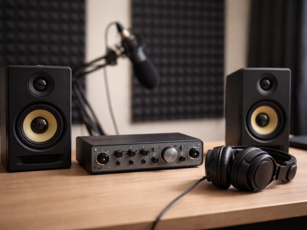 Minimal recording studio desk with audio interface, studio monitors, and headphones.